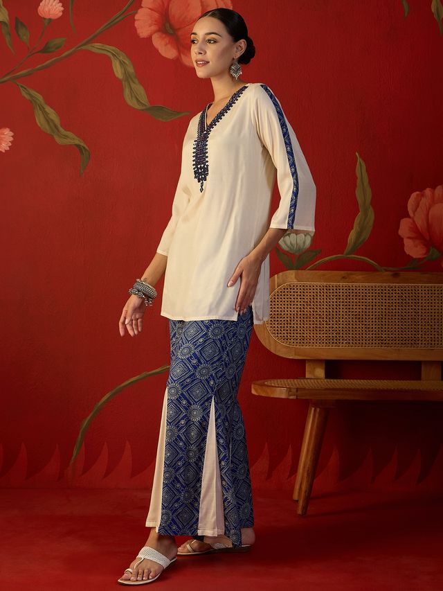 Floral Embroidered Tunic With Printed Palazzo Co-Ords Set