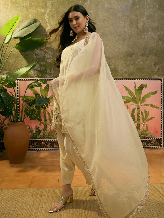 Off White Embroidered & Sequin Work Shoulder Straps  Kurta With Trouser & Dupatta Kurta Set