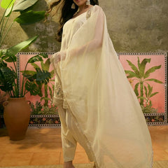Off White Embroidered & Sequin Work Shoulder Straps  Kurta With Trouser & Dupatta Kurta Set