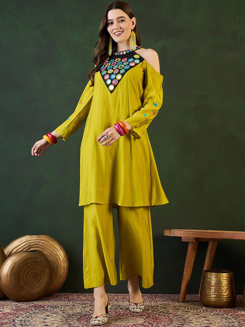 Embroidered Kurta & Palazzo With Bag Kurta Set