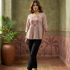 Coral Pure Cotton Ethnic Motifs Embroidered A-Line Short Kurti