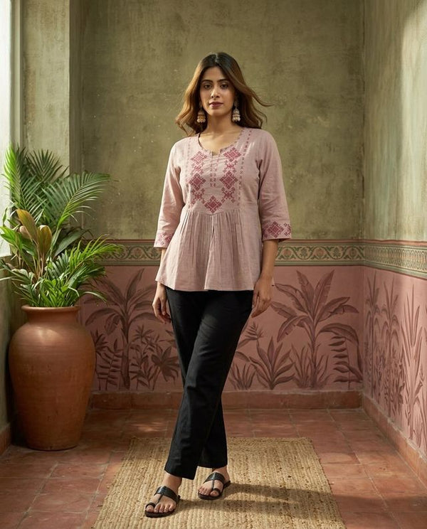 Coral Pure Cotton Ethnic Motifs Embroidered A-Line Short Kurti