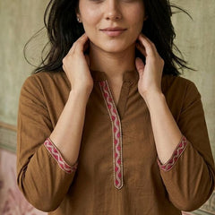 Brown Floral Embroidered Straight Short Kurti