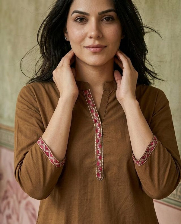 Brown Floral Embroidered Straight Short Kurti
