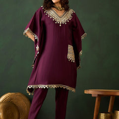 Burgundy Geometric Embroidered V-Neck Mirror Work Kaftan With Trousers