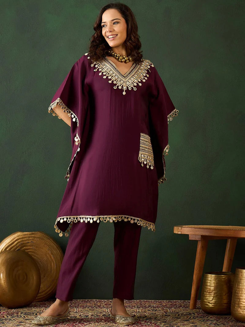 Embroidered  V-Neck Mirror work Kaftan With Trousers