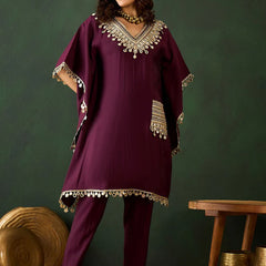 Embroidered  V-Neck Mirror work Kaftan With Trousers