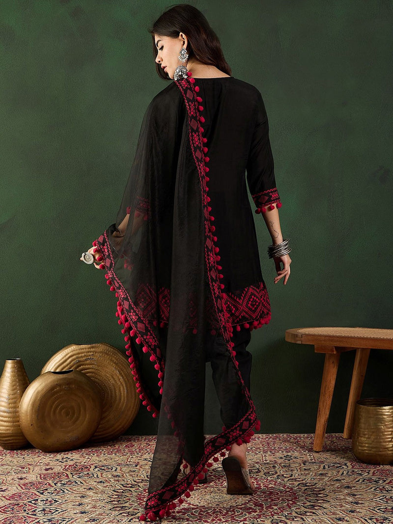 Floral Printed Mirror Work Pure Cotton Kurta With Dhoti Pant & Dupatta