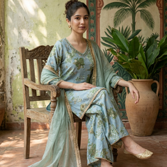 Floral Print & Embroidered  Straight Kurta With Trousers & Dupatta