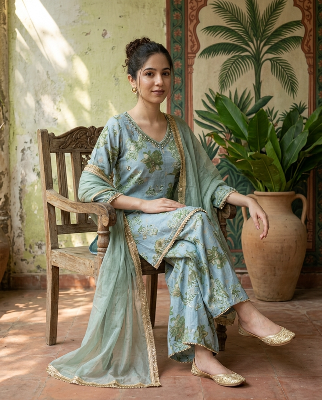 Floral Print & Embroidered  Straight Kurta With Trousers & Dupatta