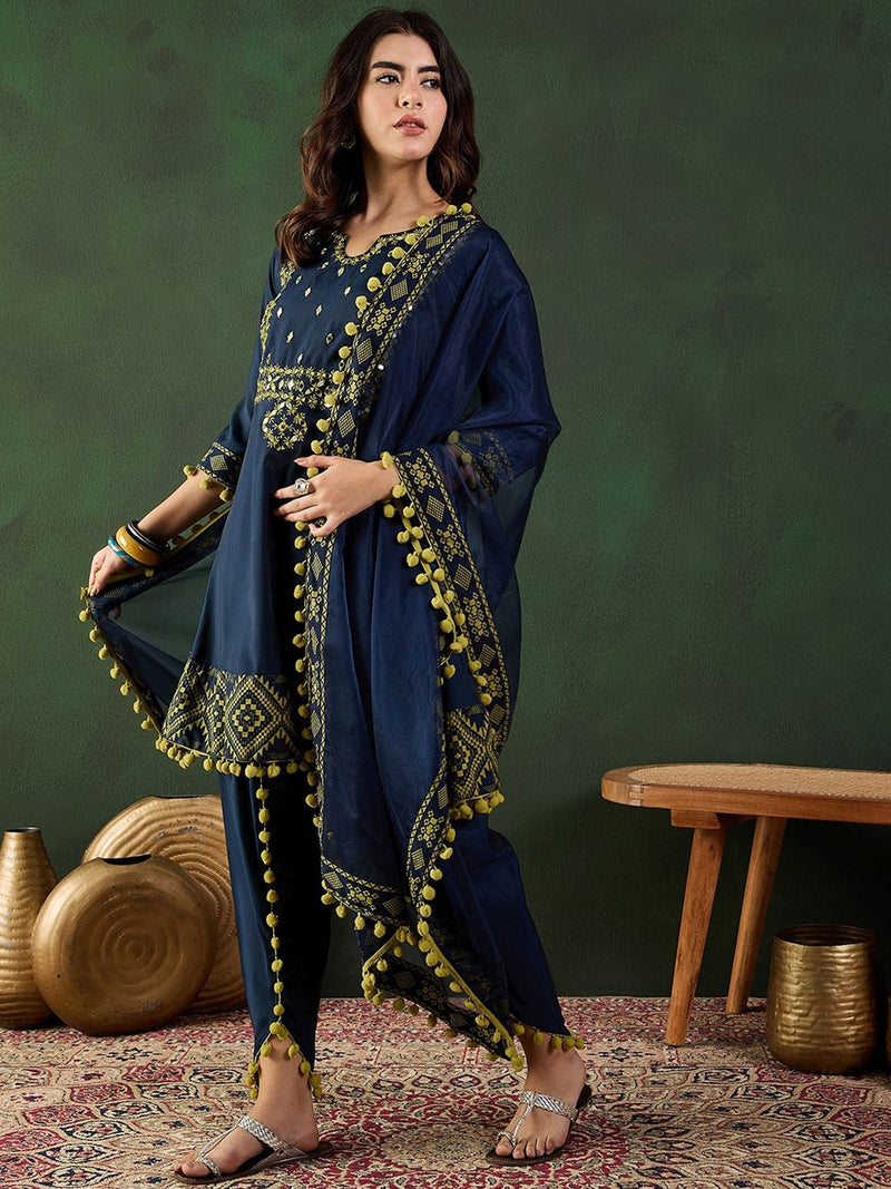 Navy Blue Notch-Neck Mirror Work Chanderi Silk Kurta With Dhoti Pant And Dupatta