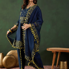 Navy Blue Notch-Neck Mirror Work Chanderi Silk Kurta With Dhoti Pant And Dupatta
