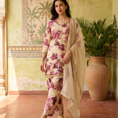 Floral Print & Embroidered  Straight Kurta With Trousers & Dupatta