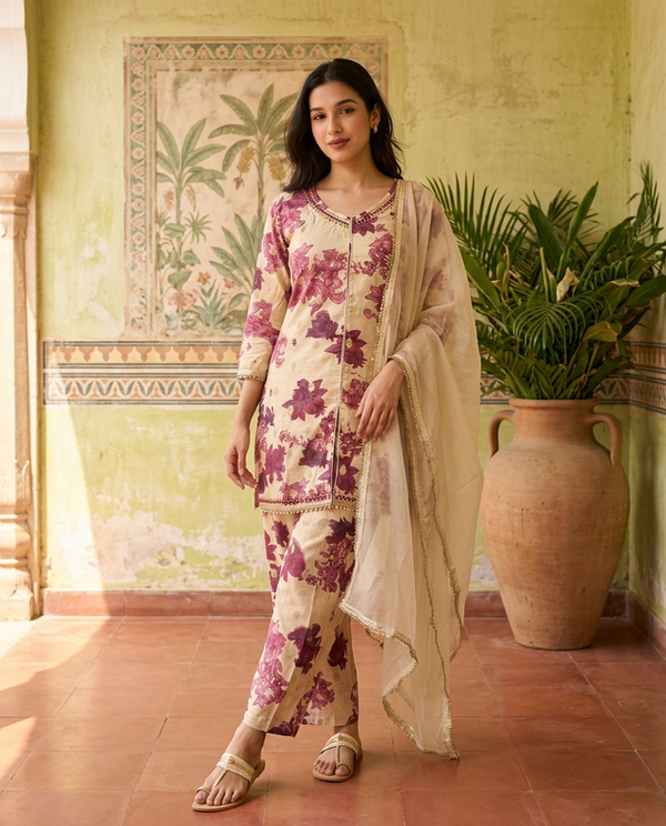 Floral Print & Embroidered  Straight Kurta With Trousers & Dupatta