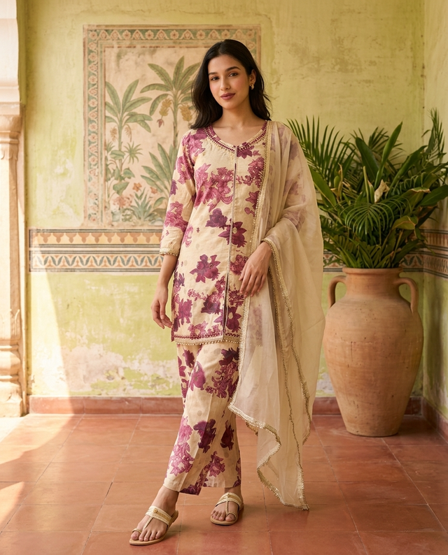 Floral Print & Embroidered  Straight Kurta With Trousers & Dupatta