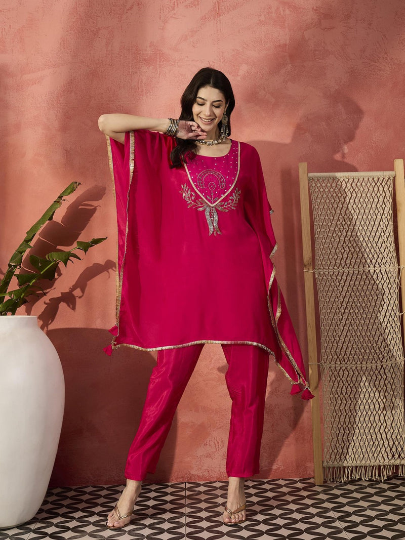 Floral Embroidered Round Neck Kaftan Kurta Set