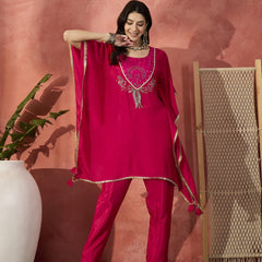 Floral Embroidered Round Neck Kaftan Kurta Set