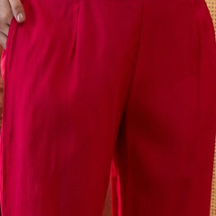 Red Hand Block Print  Shoulder Straps Straight Kurta With Trouser Dupatta Kurta Set