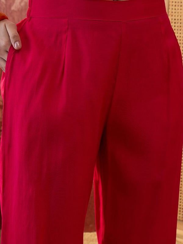 Red Hand Block Print  Shoulder Straps Straight Kurta With Trouser Dupatta Kurta Set