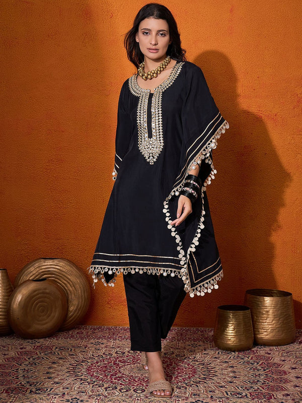 Blue Geometric Embroidered Round Neck Mirror Work Kaftan With Trousers