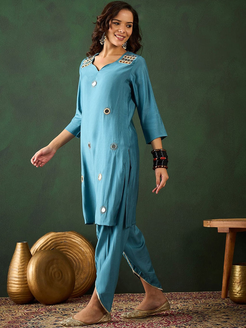 Black Floral Embroidered Mirror Work Straight Kurta With Dhoti Pants