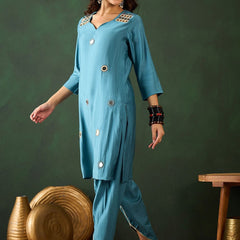 Black Floral Embroidered Mirror Work Straight Kurta With Dhoti Pants