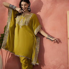 Green Embroidered Gotta Patti Notch Neck Pure Silk  Kaftan Tunic With Trousers
