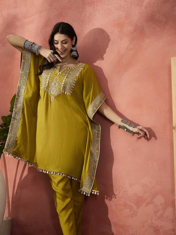 Green Embroidered Gotta Patti Notch Neck Pure Silk  Kaftan Tunic With Trousers