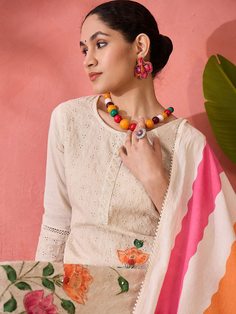 Off white Floral Embroidered Pure Cotton Kurta With Trouser And Dupatta