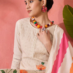 Off white Floral Embroidered Pure Cotton Kurta With Trouser And Dupatta