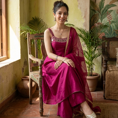 Maroon Mirror Work Sholder Strap Kurta With Trouser & Dupatta