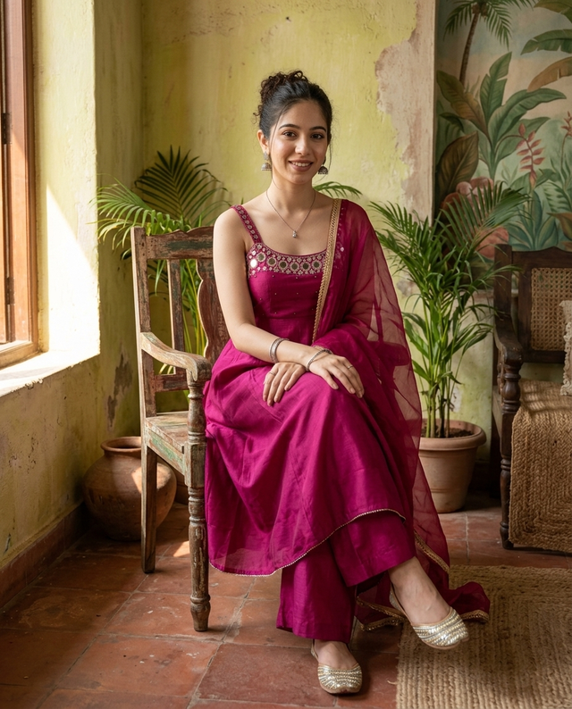Maroon Mirror Work Sholder Strap Kurta With Trouser & Dupatta