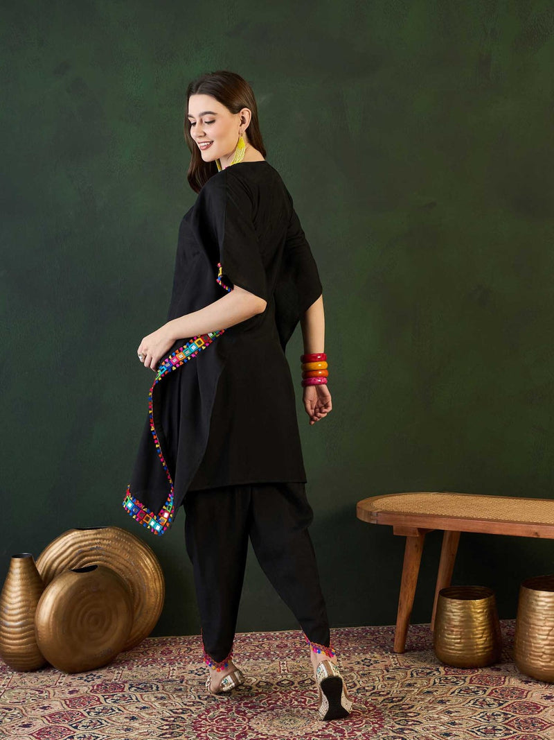 Black Mirror Work V-Neck Kaftan Kurta With Dhoti Pants
