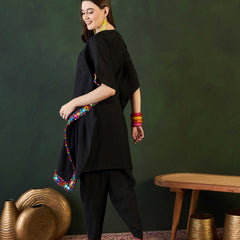 Black Mirror Work V-Neck Kaftan Kurta With Dhoti Pants