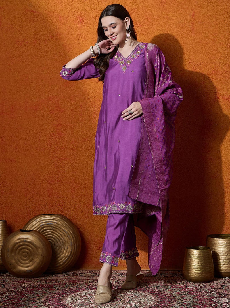 Purple Floral Embroidered V-Neck Straight Kurta With Trouser And Dupatta