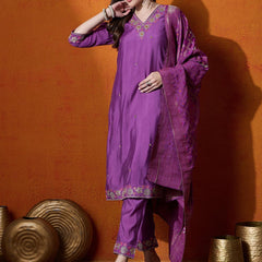 Purple Floral Embroidered V-Neck Straight Kurta With Trouser And Dupatta