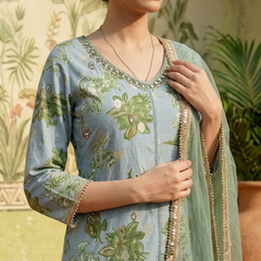 Floral Print & Embroidered  Straight Kurta With Trousers & Dupatta