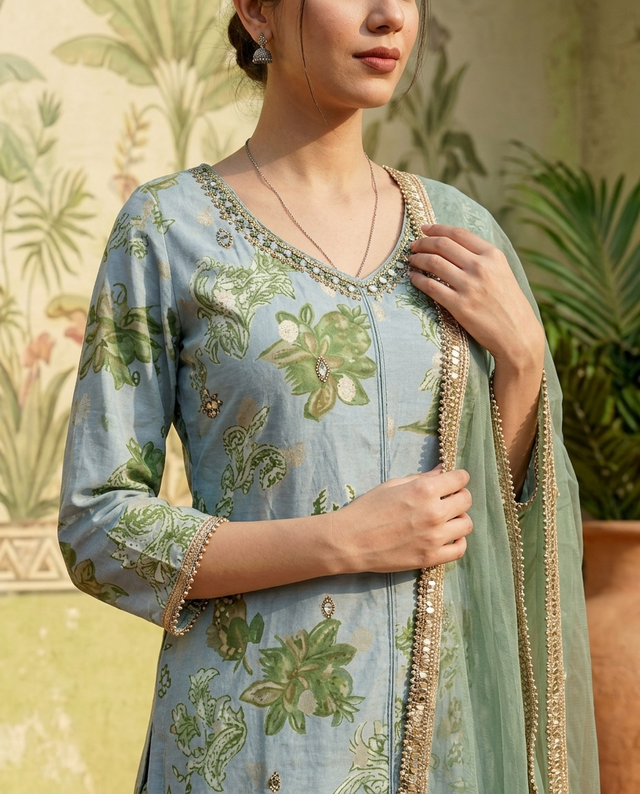 Floral Print & Embroidered  Straight Kurta With Trousers & Dupatta