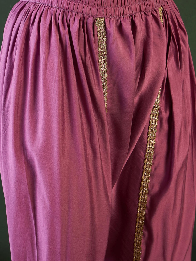 Purple Embroidered Mirror Work Round Neck Kurta With Dhoti Pants And Dupatta