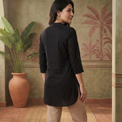 Black Floral Embroidered Straight Short Kurti