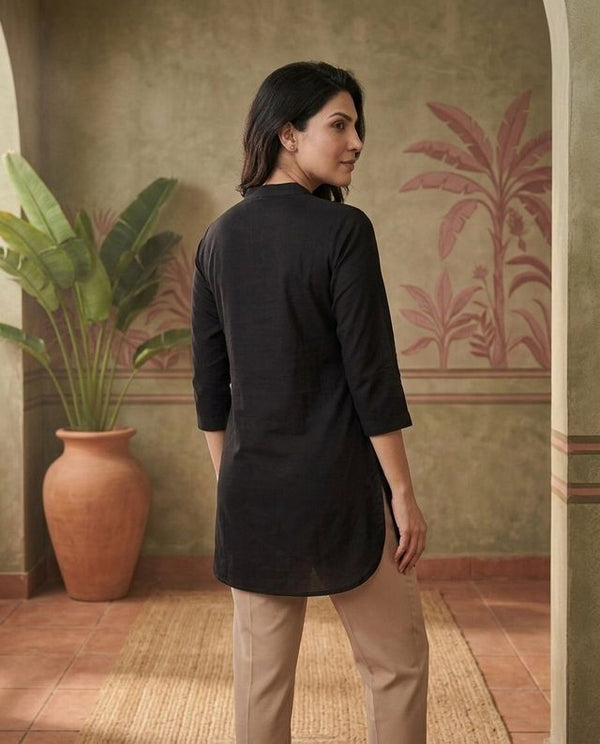 Black Floral Embroidered Straight Short Kurti