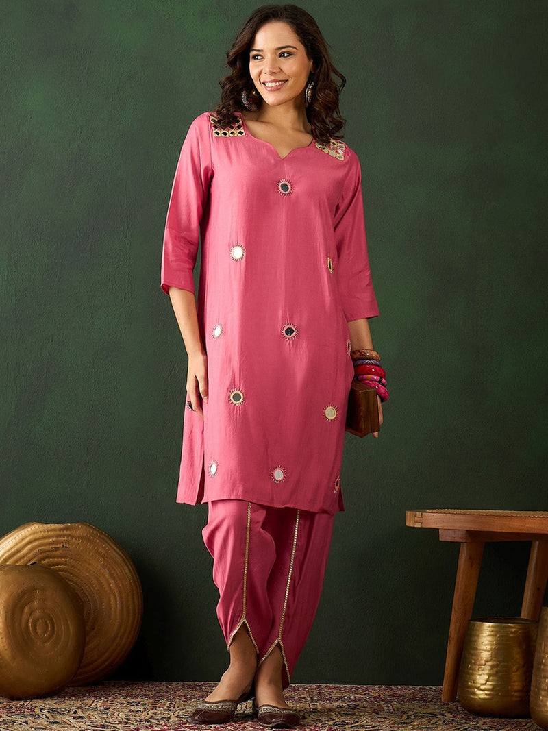 Floral Embroidered Mirror Work Straight Kurta With Dhoti Pant