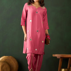 Floral Embroidered Mirror Work Straight Kurta With Dhoti Pant