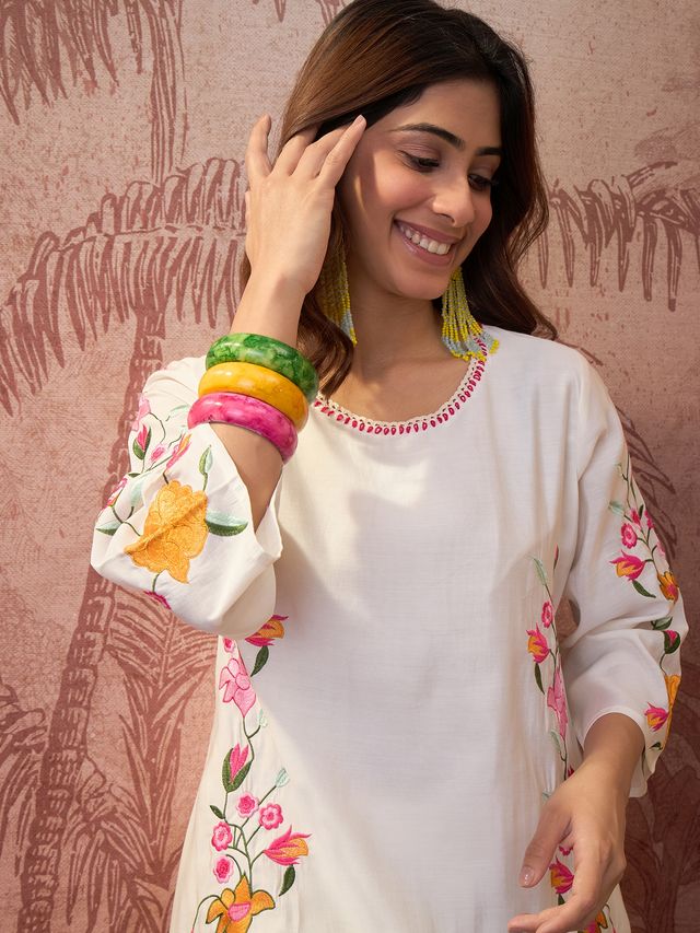 White Floral Embroidered Tunic With Trouser Co-Ords Set