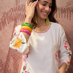 White Floral Embroidered Tunic With Trouser Co-Ords Set