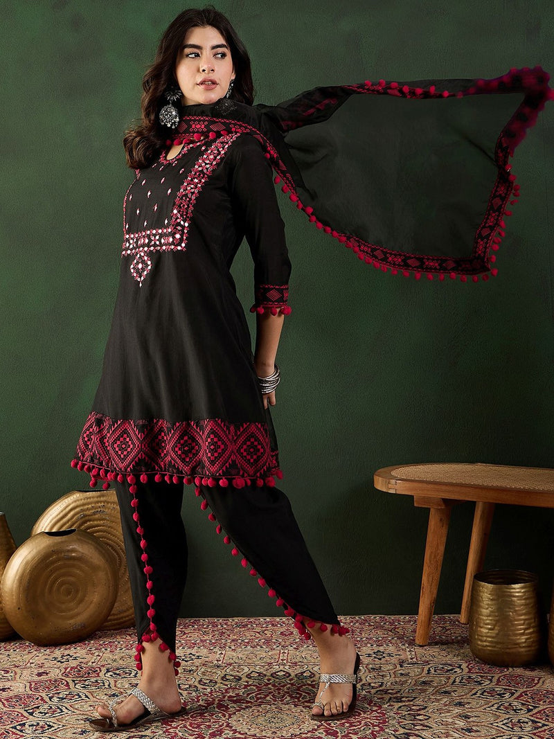 Floral Printed Mirror Work Pure Cotton Kurta With Dhoti Pant & Dupatta
