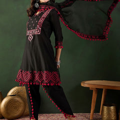 Floral Printed Mirror Work Pure Cotton Kurta With Dhoti Pant & Dupatta