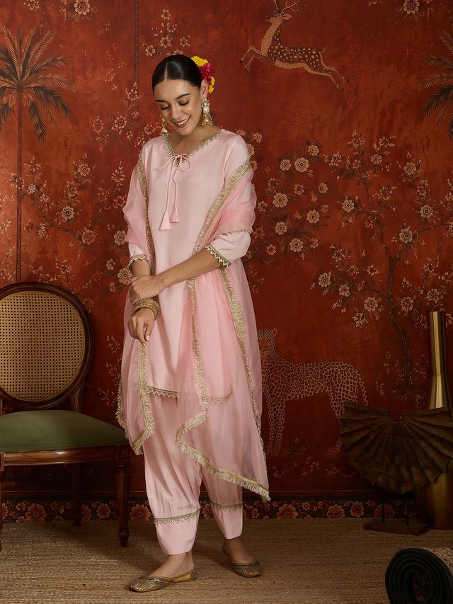 Pink Embroidered Straight Kurta With Farsi Salwar & Dupatta