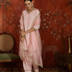 Pink Embroidered Straight Kurta With Farsi Salwar & Dupatta
