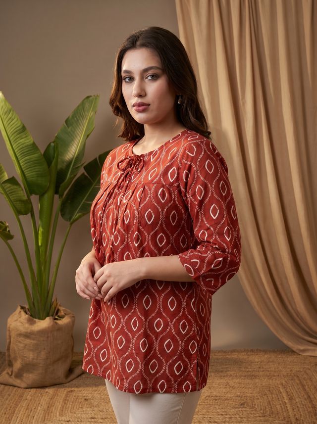 Rust Folka Dots Print Straight Kurtis
